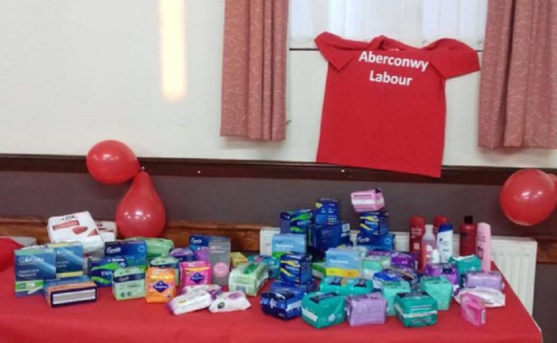 Fundraiser in aid of Llanfairfechan Food bank.  People were asked to bring along donactions of sanitary products.  Cllr Peny Andow said A massive Thank You to Aberconwy Labour for the amazing amount of donations from A Bloody Good Night in Pendalar Hall last night. Amazing amount.